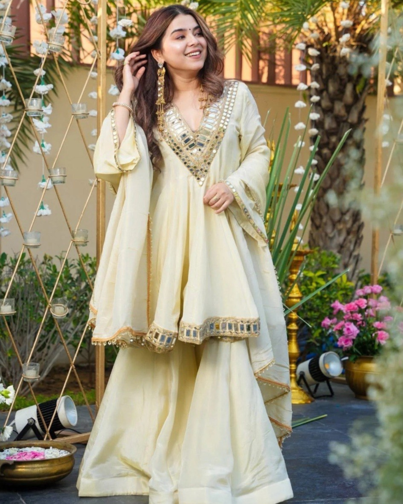 Rageshvari Creation Off-White French Crepe Mirror Embroidered Kurta Palazzo Set