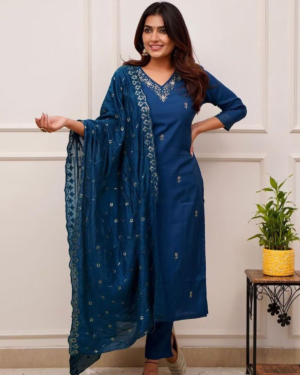 Rageshvari Creation Cerulean Blue Tesla Silk Embroidered Kurta Pant Set with Vichitra Dupatta