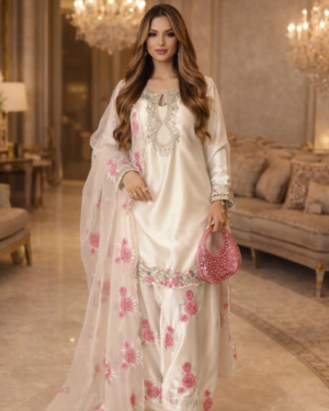 Rageshvari Creation White French Crepe Farshi Salwar Suit Set with Butterfly Net Dupatta