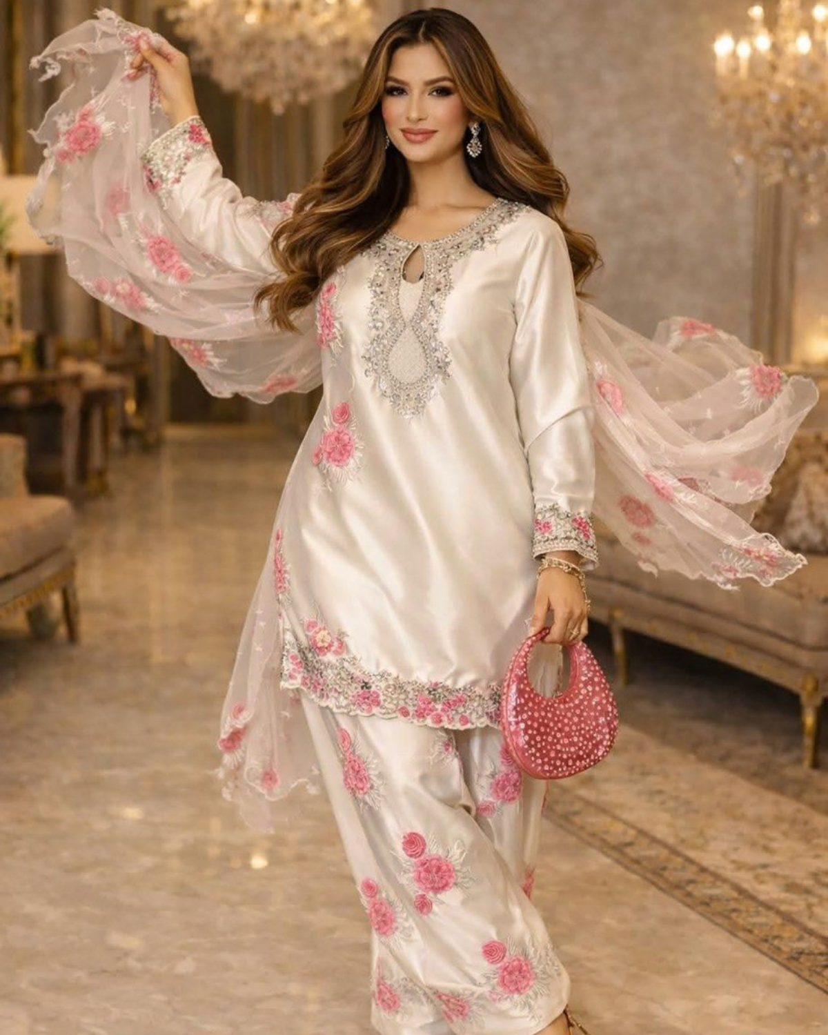 Rageshvari Creation White French Crepe Farshi Salwar Suit Set with Butterfly Net Dupatta - Image 2