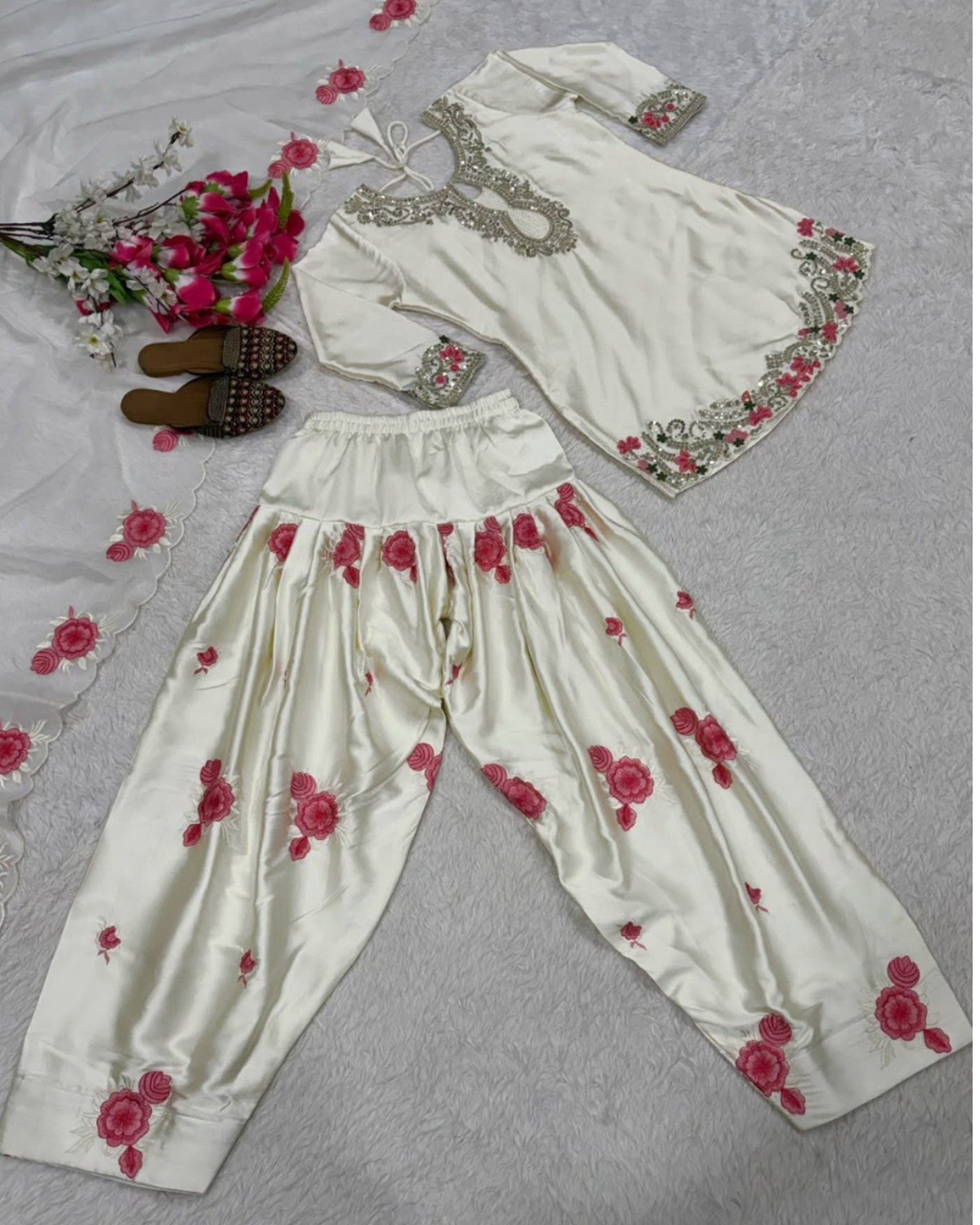 Rageshvari Creation White French Crepe Farshi Salwar Suit Set with Butterfly Net Dupatta - Image 3