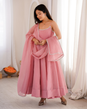 Sky Blue & Dusty Pink Crunchy Silk Anarkali Gown Set with Siroski Work