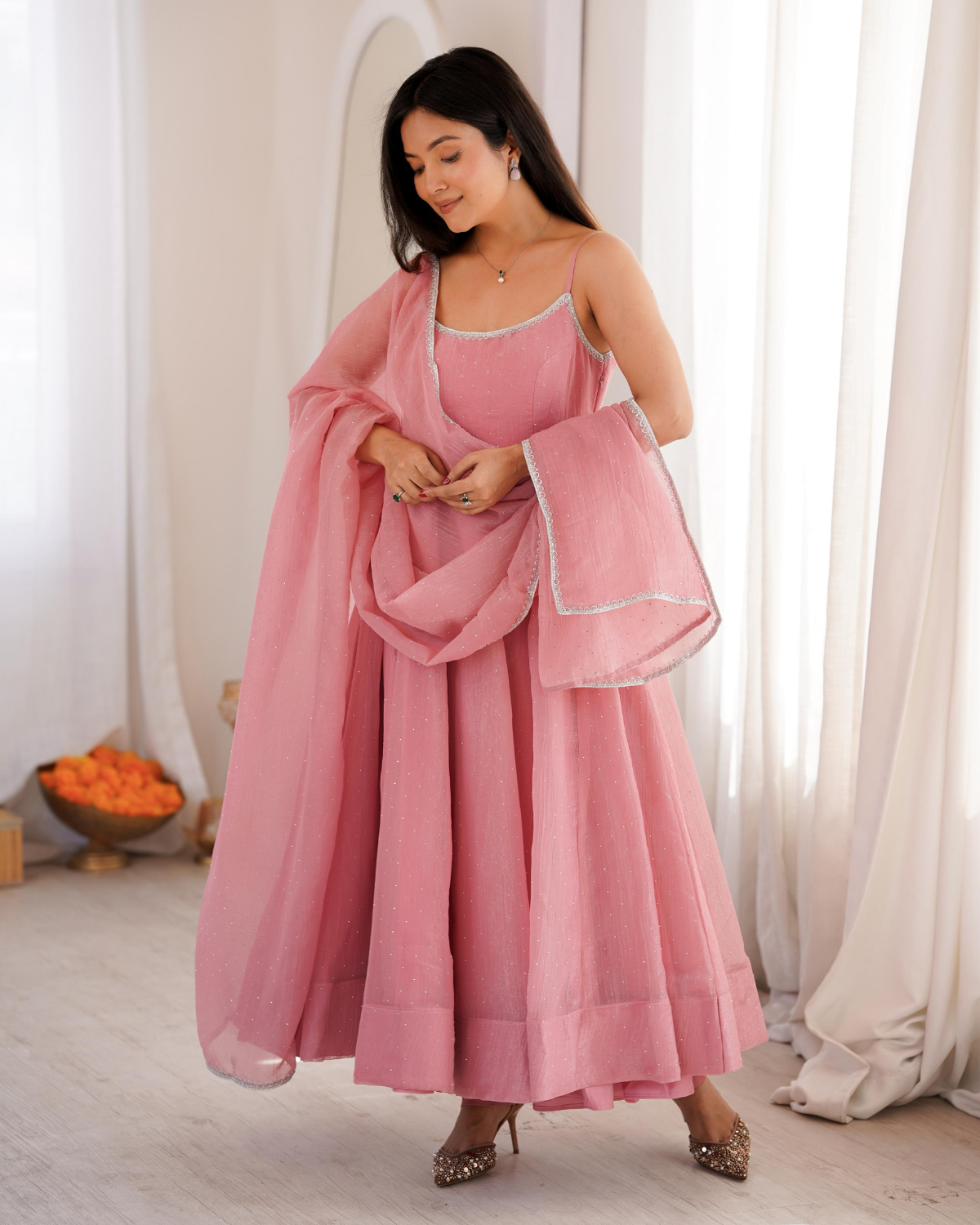 Sky Blue & Dusty Pink Crunchy Silk Anarkali Gown Set with Siroski Work