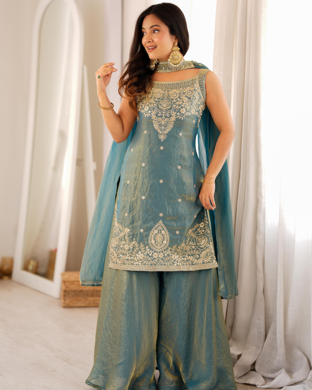 Rageshvari Creation Premium Fendy Silk Embroidered Kurta Sharara Set with Belt Style Dupatta
