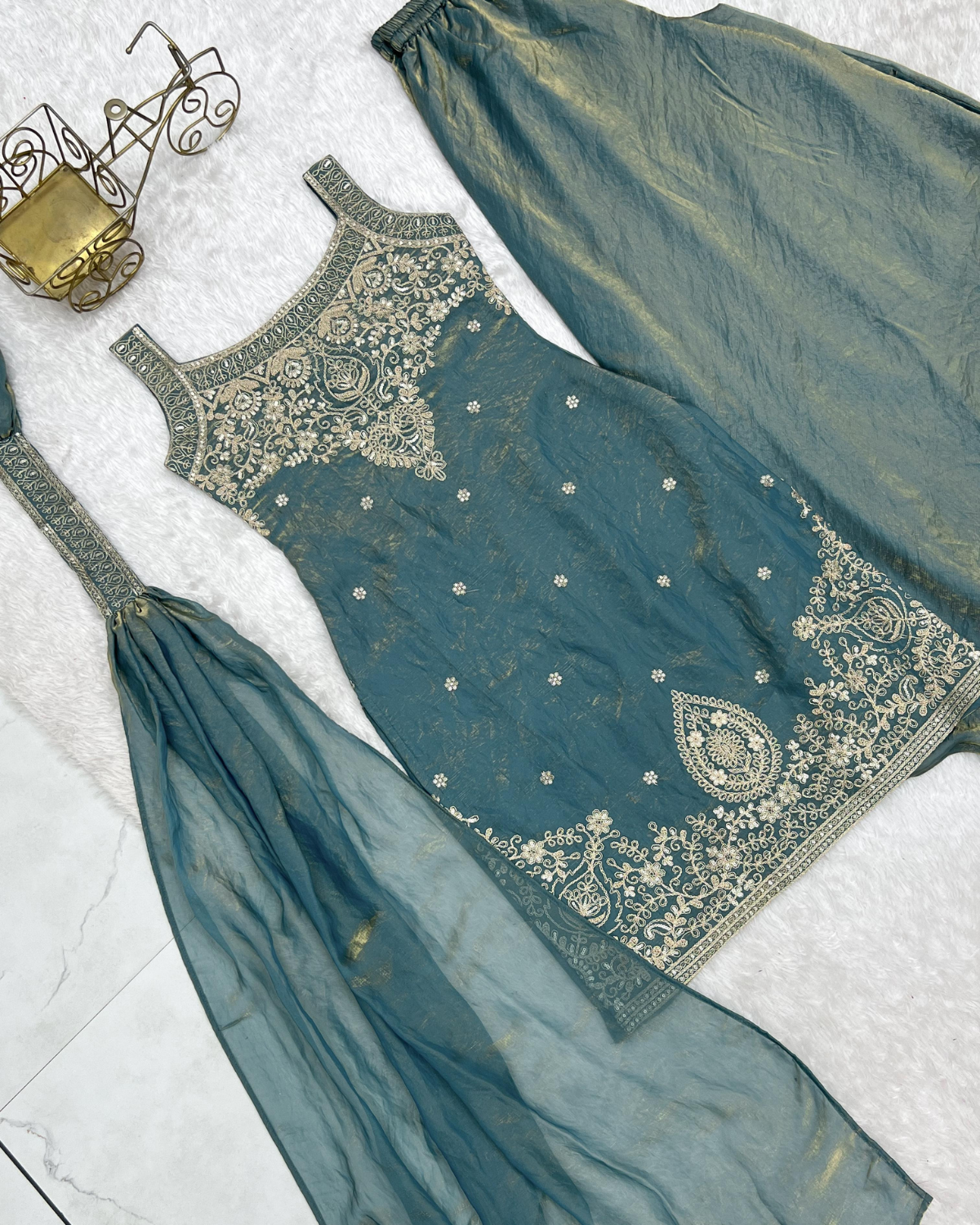 Rageshvari Creation Premium Fendy Silk Embroidered Kurta Sharara Set with Belt Style Dupatta - Image 3