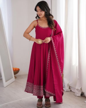 Rageshvari Creation Premium Roman Silk Chanderi Thread Work Anarkali Gown Pant Set with Dupatta