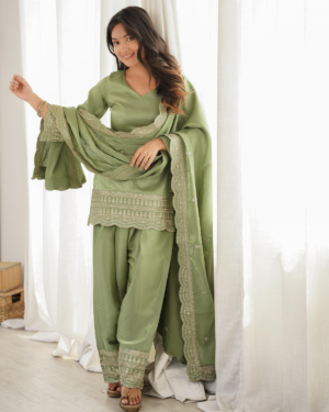Rageshvari Creation Glass Roman Silk Embroidered Kurta with Farshi Shalwar and Dupatta Set