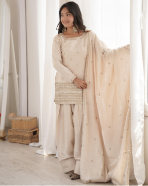 Rageshvari Creation Glass Roman Silk Yoke Embroidered Kurta with Farshi Shalwar and Dupatta Set