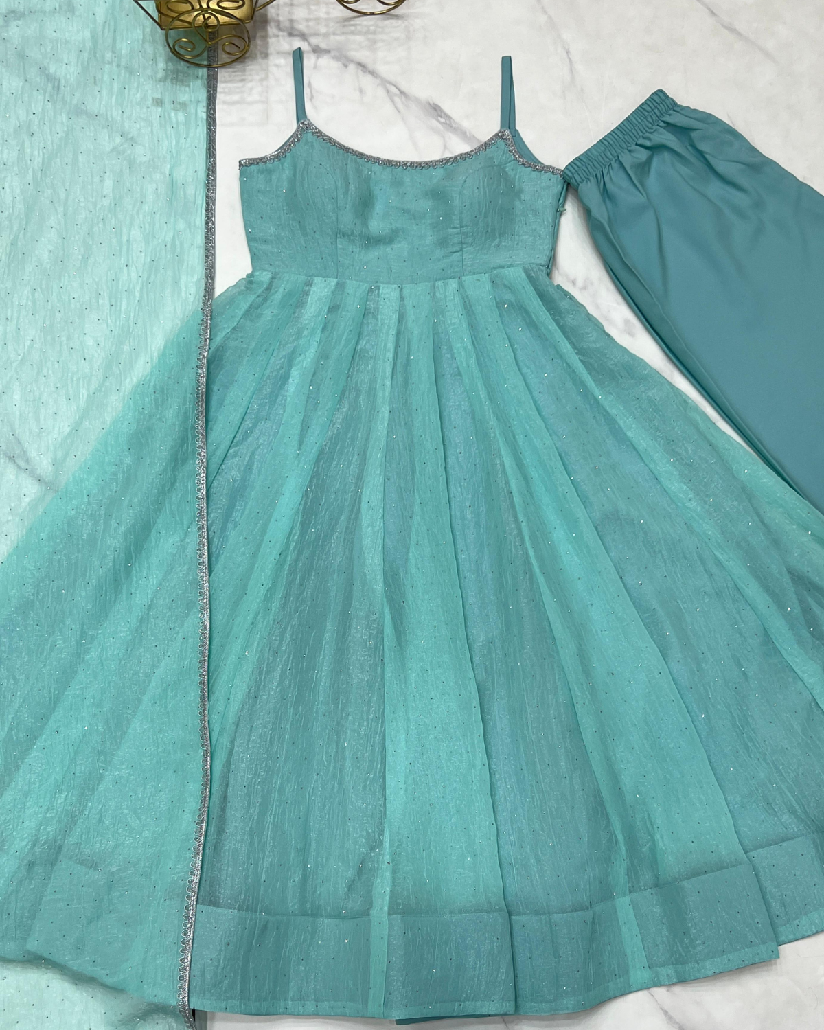 Sky Blue & Dusty Pink Crunchy Silk Anarkali Gown Set with Siroski Work - Image 3
