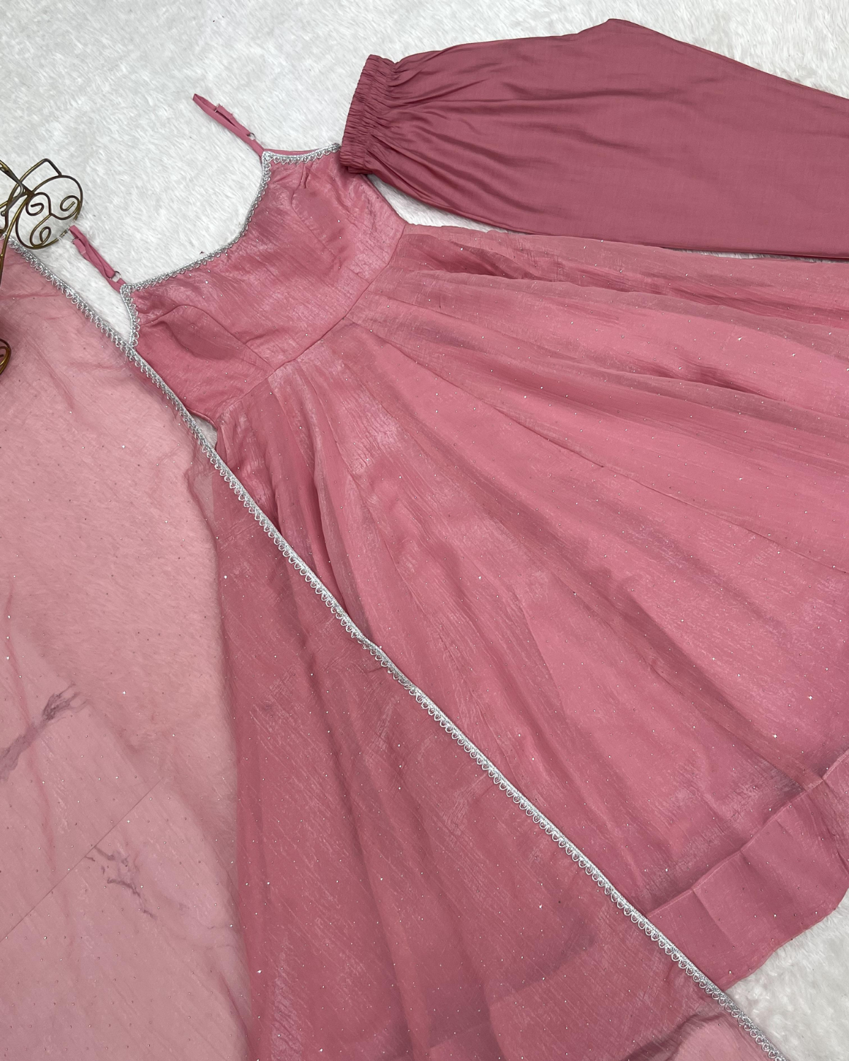 Sky Blue & Dusty Pink Crunchy Silk Anarkali Gown Set with Siroski Work - Image 4