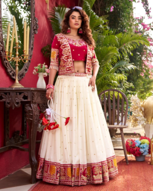 Rageshvari Fashion Pure Vichitra Silk Lehenga Choli with Embroidered Shrug Koti