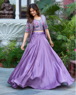 Rageshvari Creation Pure Vichitra Silk 3-Piece Lehenga Choli with Embroidered Koti Jacket Set