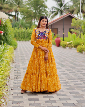 Rageshvari Creation Navratri Special Fox Georgette 9-Meter Extra Flair Mirror & Kodi Lace Gown