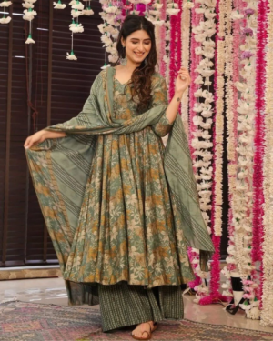 Rageshvari Fashion Green Fullpatti Printed Rayon Anarkali Suit Set