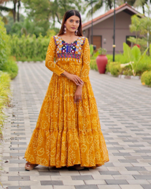 Rageshvari Creation Navratri Special Fox Georgette 9-Meter Extra Flair Mirror & Kodi Lace Gown