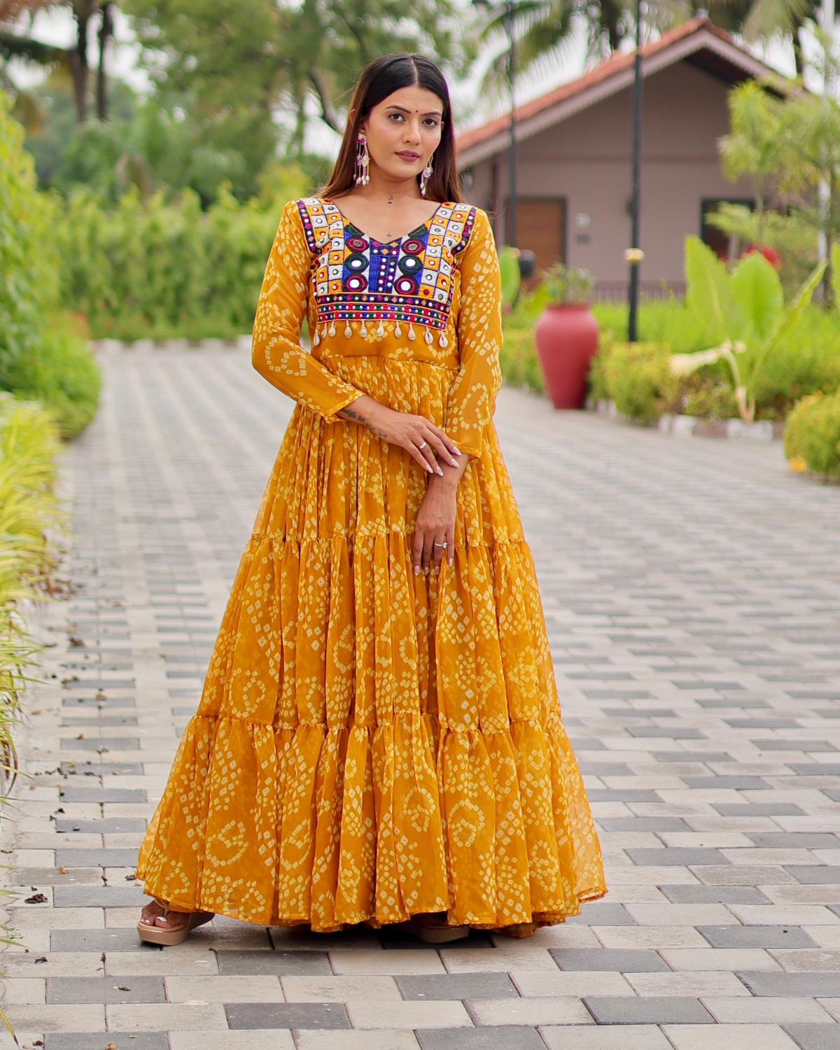 Rageshvari Creation Navratri Special Fox Georgette 9-Meter Extra Flair Mirror & Kodi Lace Gown