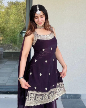 Rageshvari Creation Wine Embroidered Fandy Fabric Kurta Palazzo Set with Lace Dupatta