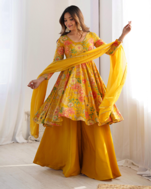 Rageshvari Creation Roman Silk Chanderi Discharge Print Kediyakurta Palazzo Set with Organza Dupatta
