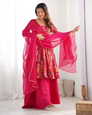 Rageshvari Creation Roman Silk Chanderi Discharge Print Kediyakurta Palazzo Set with Organza Dupatta