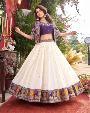 Rageshvari Fashion Pure Vichitra Silk Lehenga Choli with Embroidered Shrug Koti