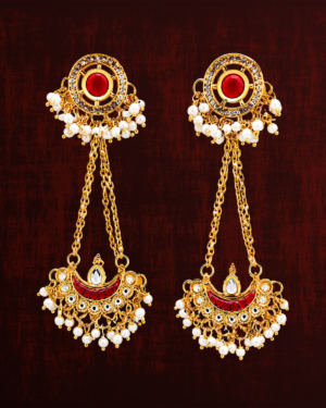 Rageshvari Fashion Ruby Red Kundan Chandbali Long Drop Earrings with Pearl Tassels