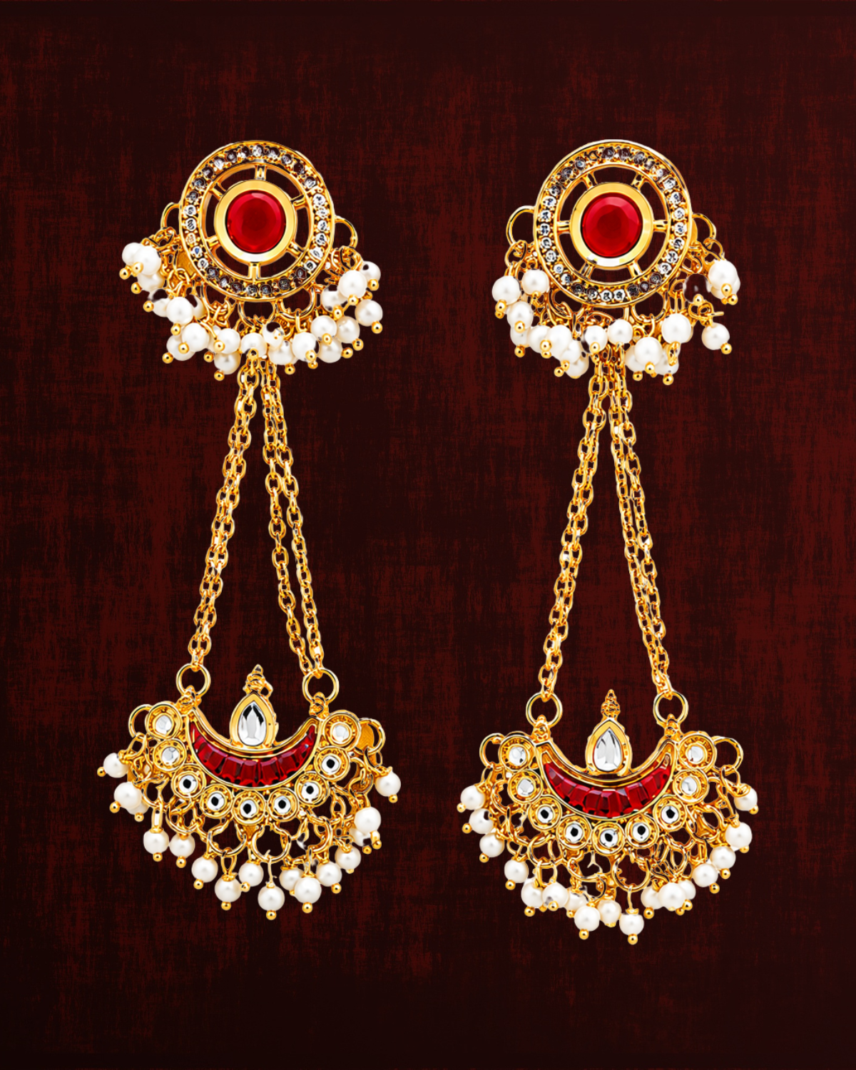 Rageshvari Fashion Ruby Red Kundan Chandbali Long Drop Earrings with Pearl Tassels