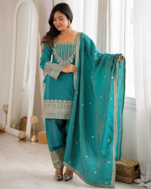 Rageshvari Fashion Seagreen and Onionpink Vichitra Silk Embroidered Kurta Set with Farshi Shalwar & Dupatta