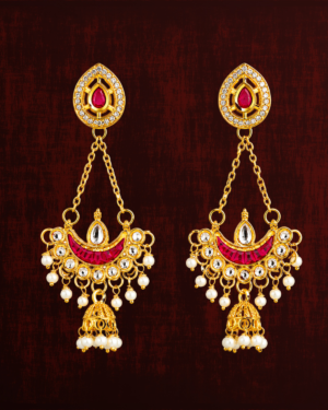 Rageshvari Fashion Ruby Red Kundan Chandbali Jhumka Earrings with Pearl Drops