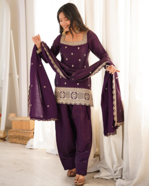 Rageshvari Fashion Embroidered Glass Roman Silk Kurta Set with Farshi Shalwar