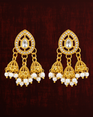 Rageshvari Fashion Crystal Kundan Triple Jhumka Earrings with Pearl Drops