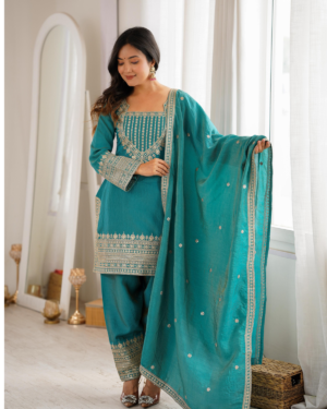 Rageshvari Fashion Seagreen and Onionpink Vichitra Silk Embroidered Kurta Set with Farshi Shalwar & Dupatta
