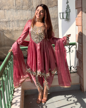 Rageshvari Fashion Pink Fandy Silk Dhoti Style Suit with Real Mirror Work