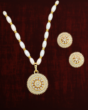 Rageshvari Fashion Gold-Plated Pearl Necklace Set with Circular American Diamond Pendant & Matching Stud Earrings for Women