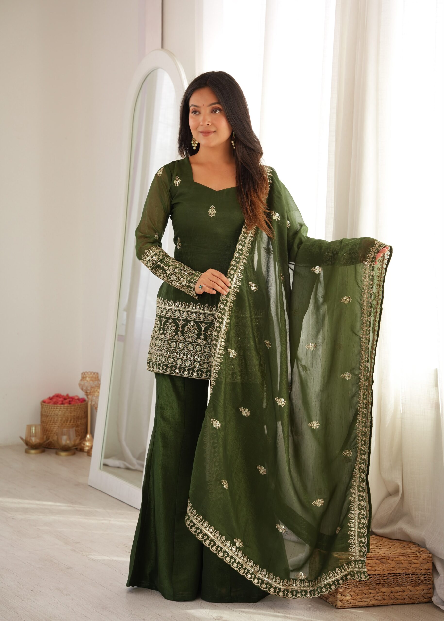 Rageshvari Fashion Embroidered Crunchy Silk Kurta Set with Bell Bottom Pants