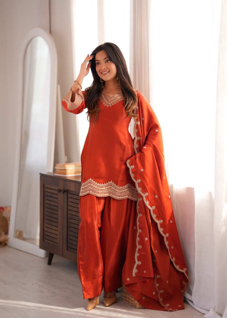 Rageshvari Fashion Embroidered Glass Roman Silk Kurta Set with Farshi Shalwar & Shawl Dupatta