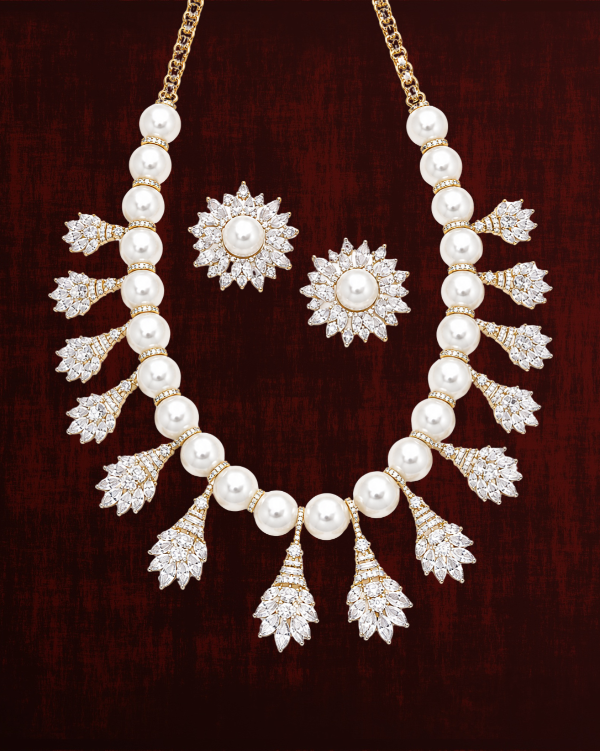 Rageshvari Fashion Royal Blue Pearl Statement Necklace Set with Floral Stud Earrings | Silver-Plated CZ Bridal & Party Wear Jewellery - Image 5