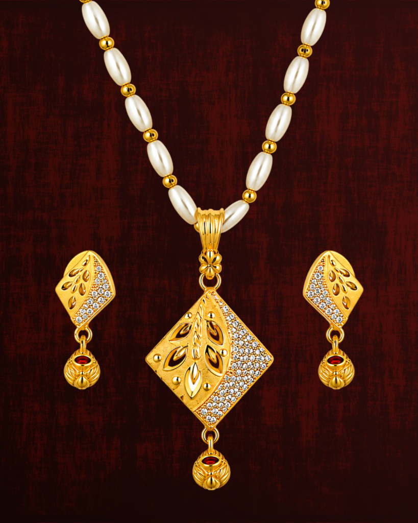 Rageshvari Fashion Gold-Plated Leaf Design Pendant Set with Pearl Chain & Matching Earrings | Traditional CZ Jewellery Set for Women