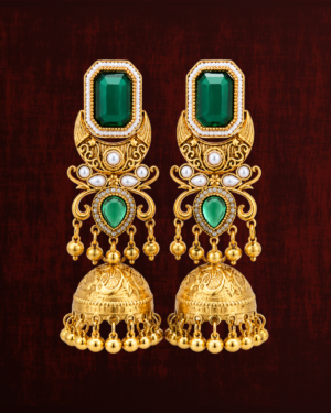Rageshvari Fashion Gold-Plated Emerald Green Temple Jhumka Earrings with Pearl Accents for Women