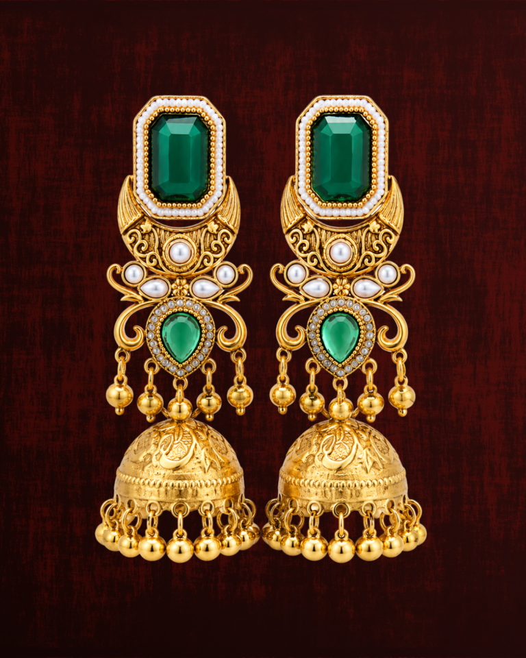 Rageshvari Fashion Gold-Plated Emerald Green Temple Jhumka Earrings with Pearl Accents for Women