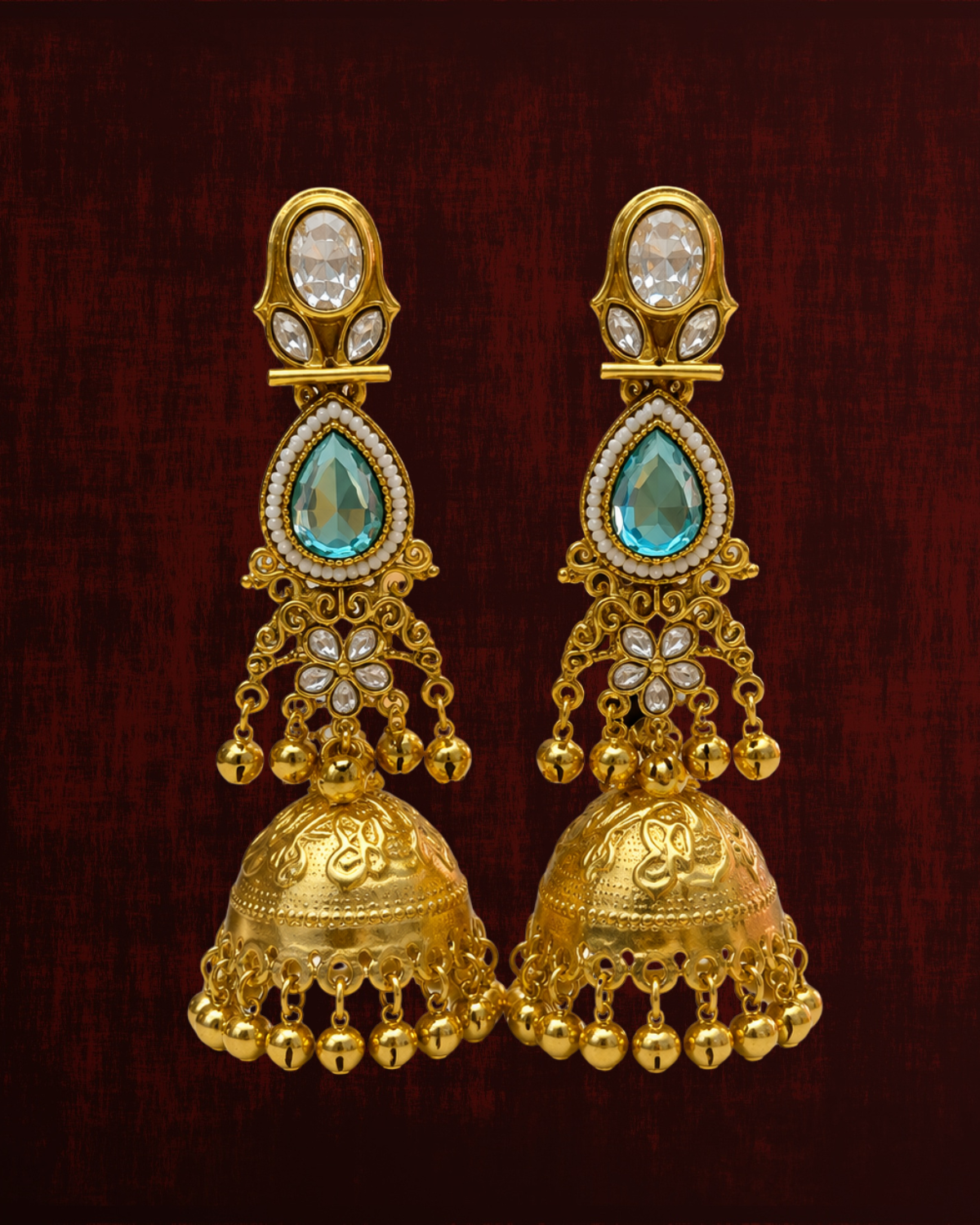 Rageshvari Fashion Gold-Plated Kundan Temple Jhumka Earrings with Carved White Stones for Women - Image 3