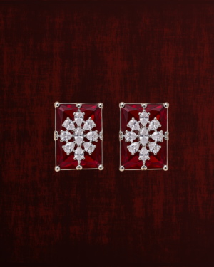 Rageshvari Fashion Ruby Red Princess Cut Crystal Floral Stud Earrings for Women | Elegant Silver-Tone Designer Earrings