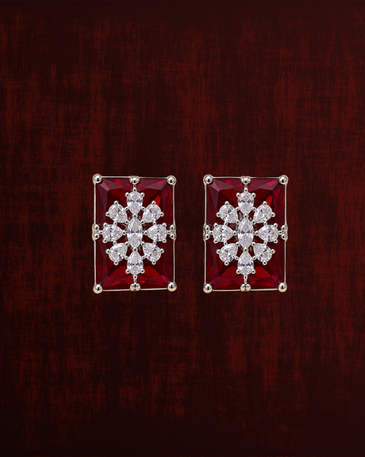 Rageshvari Fashion Ruby Red Princess Cut Crystal Floral Stud Earrings for Women | Elegant Silver-Tone Designer Earrings