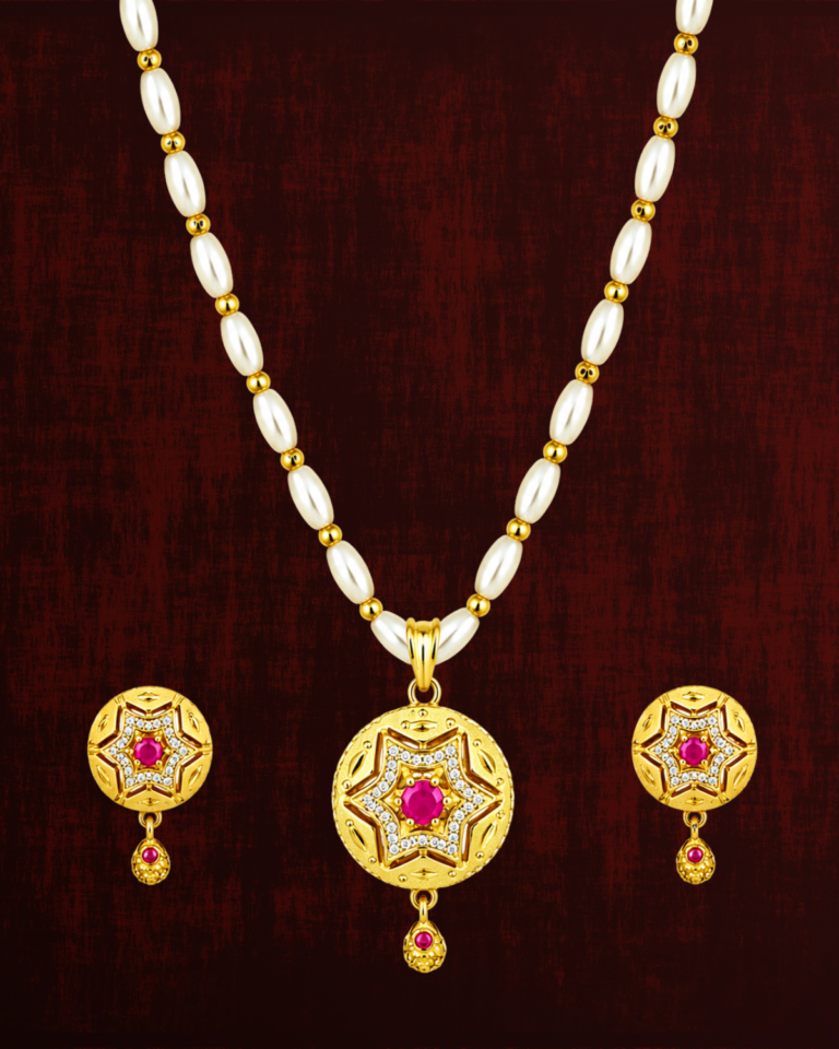 Rageshvari Fashion Gold-Plated Star Design Pendant Set with Pearl Chain & Matching Earrings | Traditional CZ Jewellery Set for Women