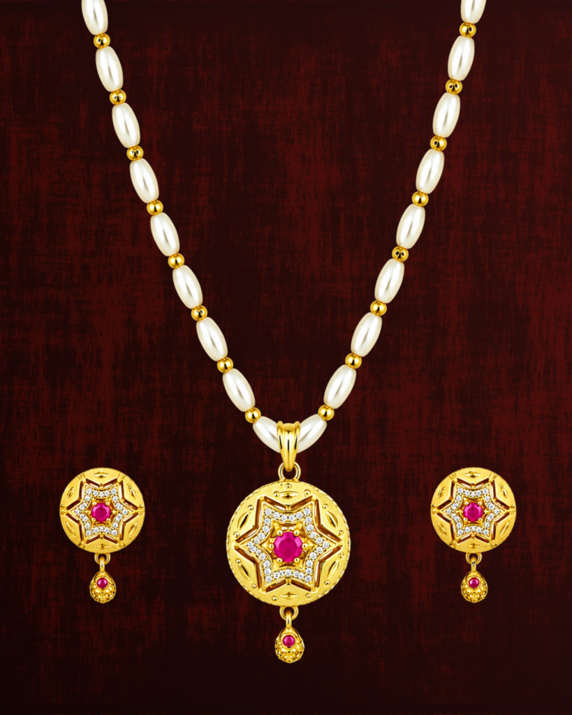 Rageshvari Fashion Gold-Plated Star Design Pendant Set with Pearl Chain & Matching Earrings | Traditional CZ Jewellery Set for Women