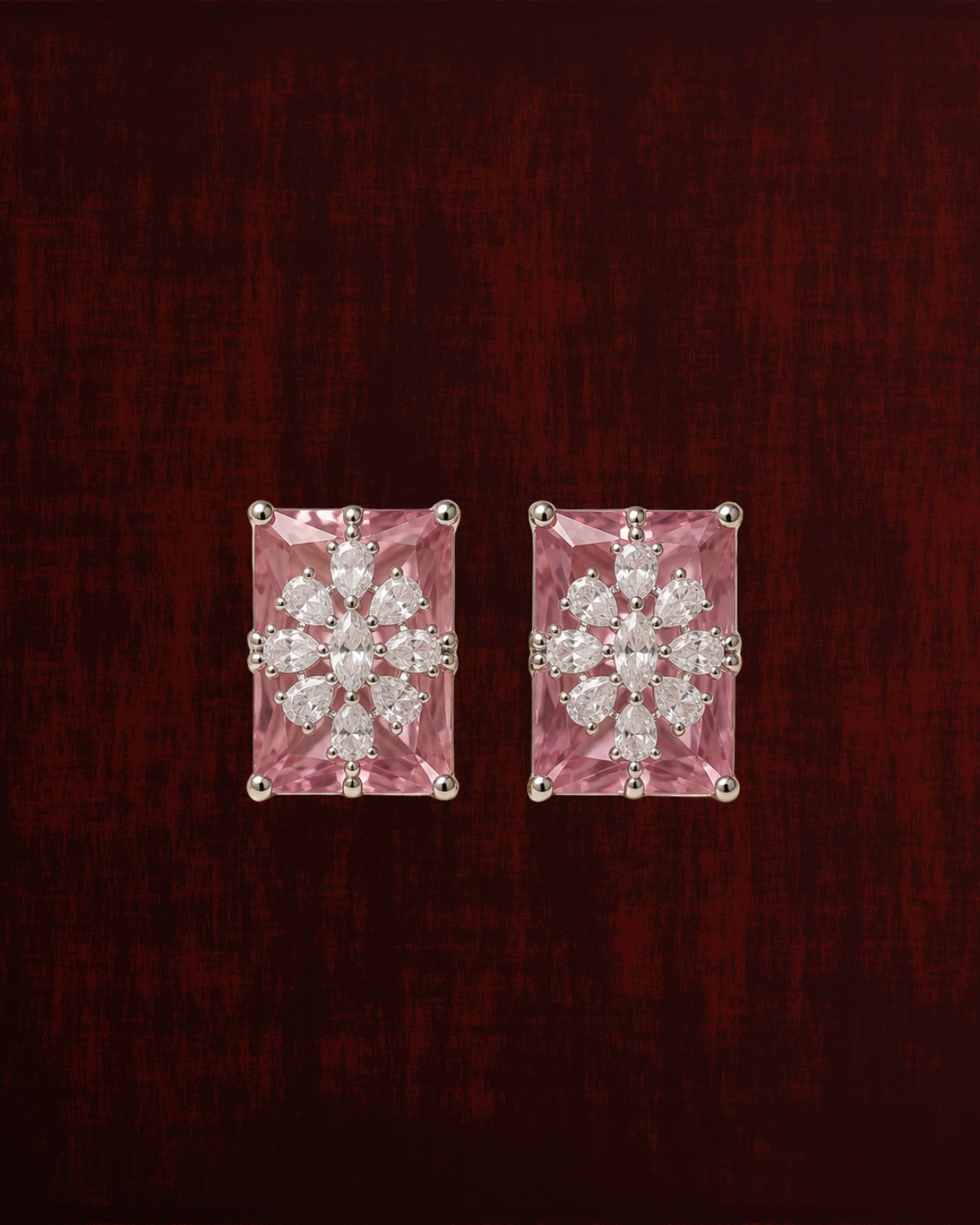Rageshvari Fashion Ruby Red Princess Cut Crystal Floral Stud Earrings for Women | Elegant Silver-Tone Designer Earrings - Image 2