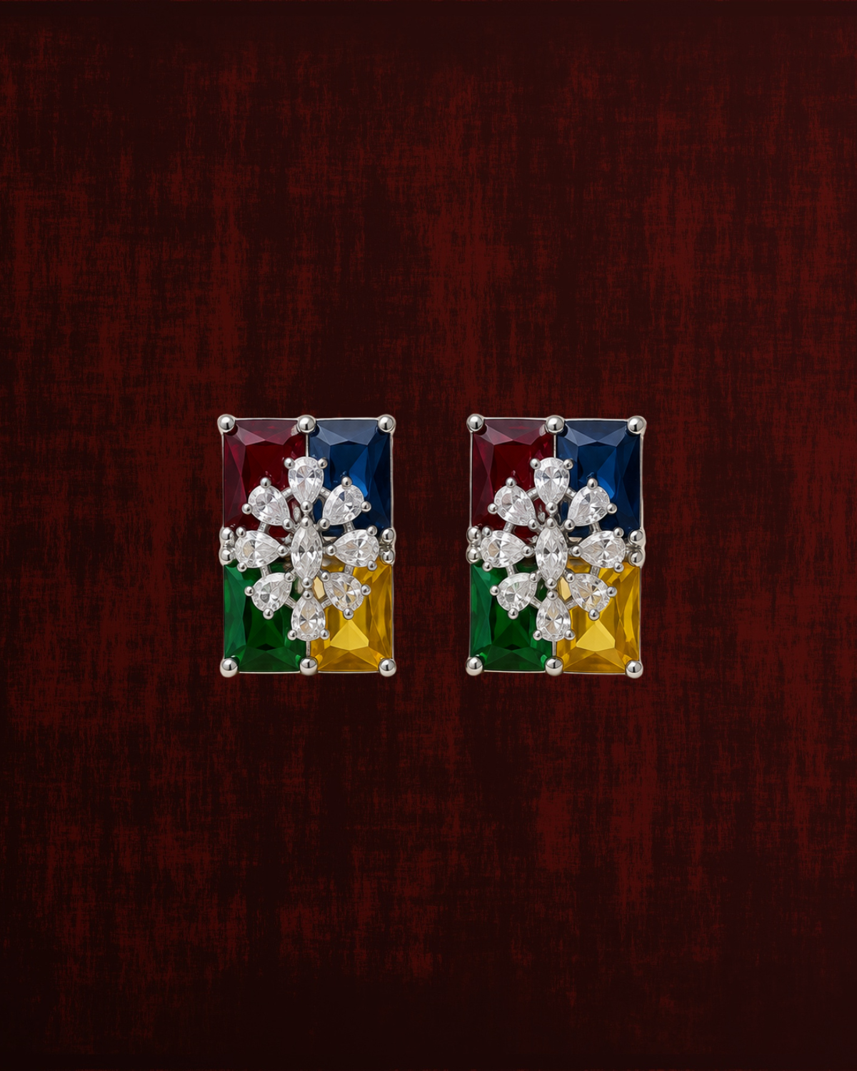 Rageshvari Fashion Ruby Red Princess Cut Crystal Floral Stud Earrings for Women | Elegant Silver-Tone Designer Earrings - Image 3