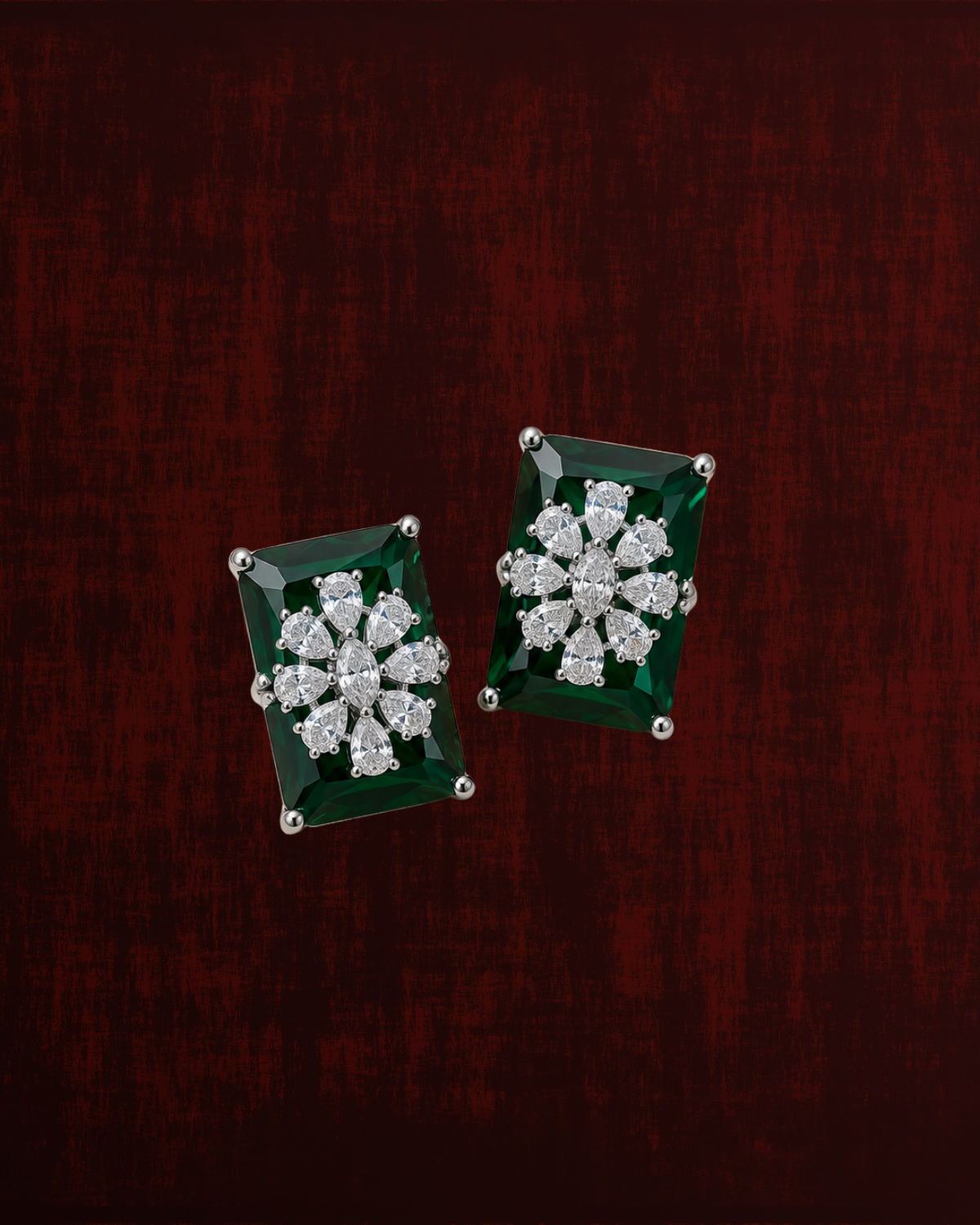 Rageshvari Fashion Ruby Red Princess Cut Crystal Floral Stud Earrings for Women | Elegant Silver-Tone Designer Earrings - Image 4