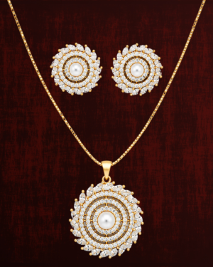 Rageshvari Fashion Pearl Halo Pendant Necklace Set with Matching Stud Earrings | Gold-Plated American Diamond Jewellery Set for Women