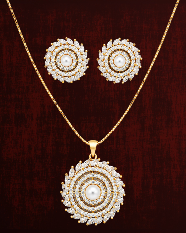 Rageshvari Fashion Pearl Halo Pendant Necklace Set with Matching Stud Earrings | Gold-Plated American Diamond Jewellery Set for Women