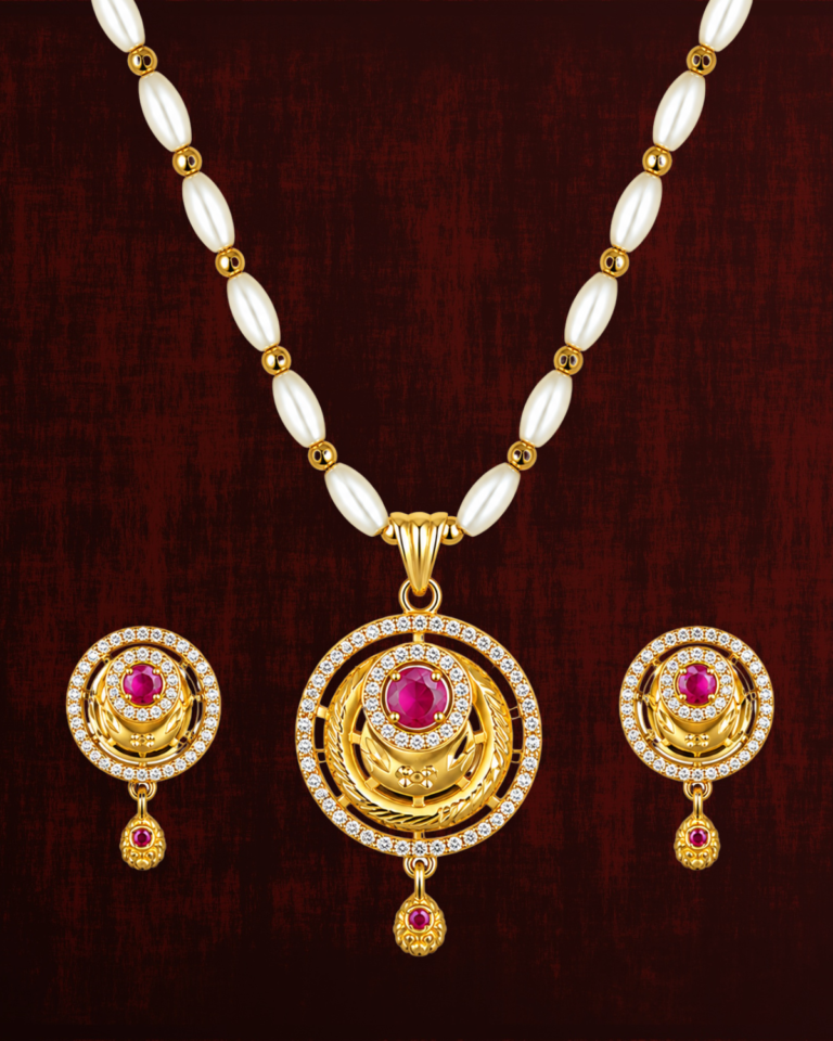 Rageshvari Fashion Gold-Plated Ruby CZ Round Pendant Set with Pearl Chain & Matching Earrings | Traditional Jewellery Set for Women